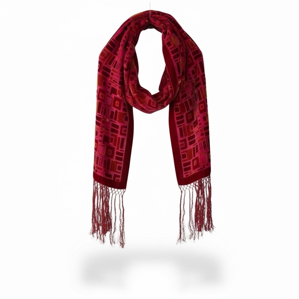 Whimsigoth Red Velvet Burnout Scarf‎ Fringe Gothic Art Deco Long Wrap 9.5Wx76H